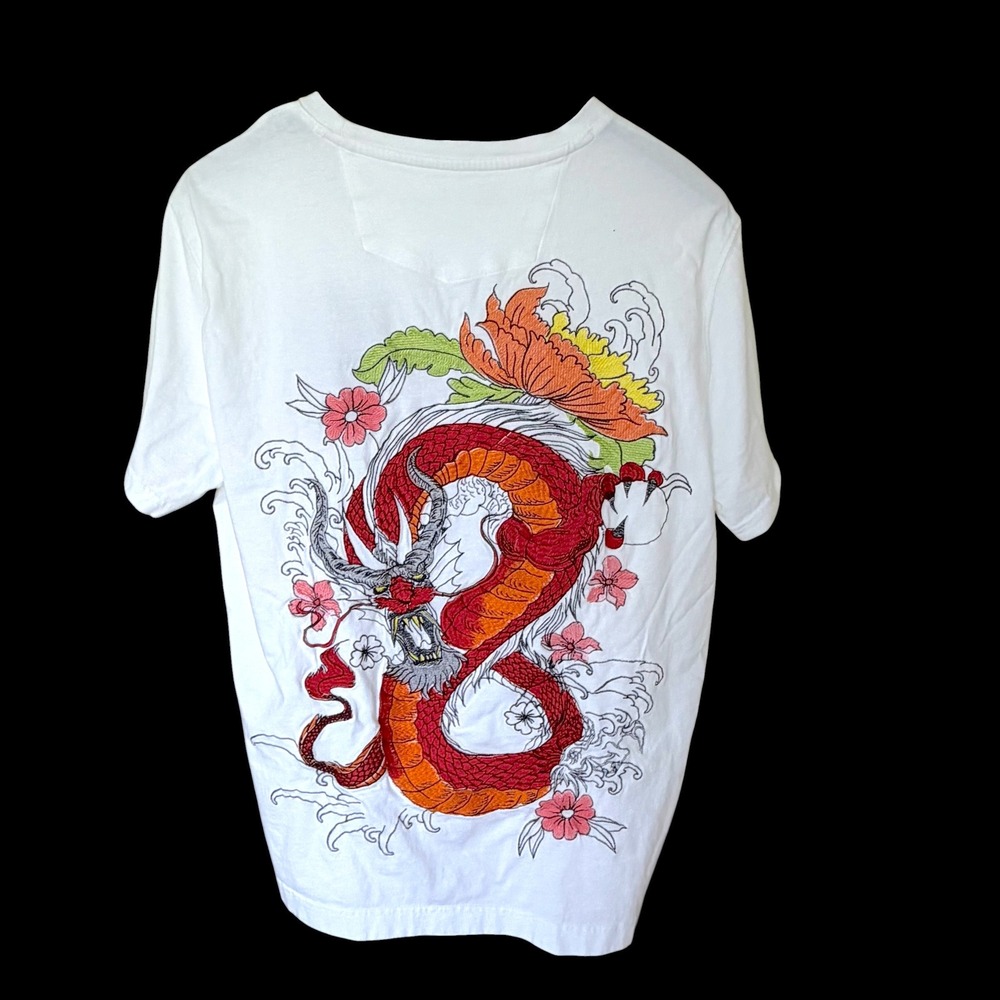 Robert Graham XL White Dragon Embroidered T-Shirt Short Sleeve Tee